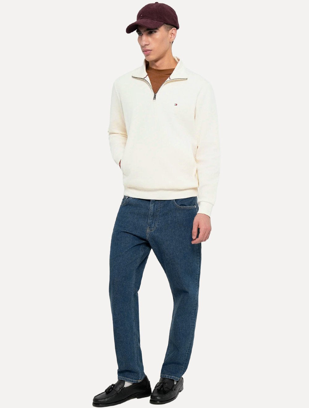 Suéter Tommy Hilfiger Masculino Essential Cotton Half Zip Mock Off White