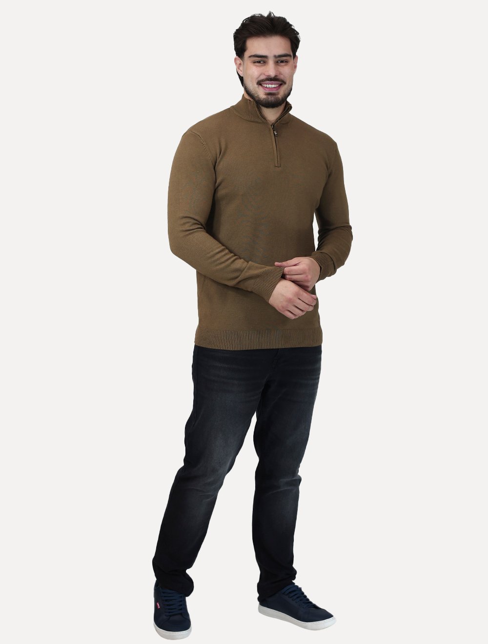Suéter Dixen Masculina Tricot Manga Longa com Ziper Frontal Marrom