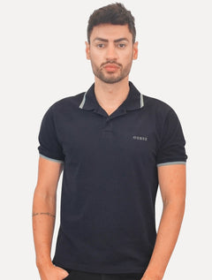 Polo Guess Masculina Piquet Frieze Logo Relief Azul Marinho