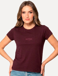 Camiseta Guess Feminina Patch Small Logo Vermelho Escuro