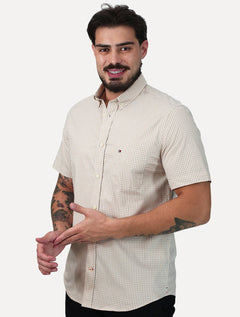 Camisa Tommy Hilfiger Masculina Manga Curta Pocket Gingham Cáqui