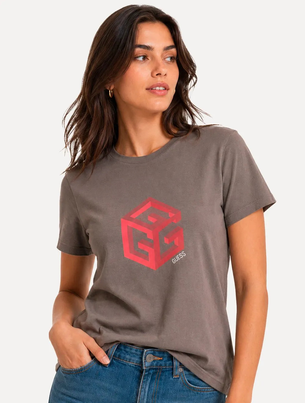 Camiseta Guess Feminina Cube 3D Logo Marrom