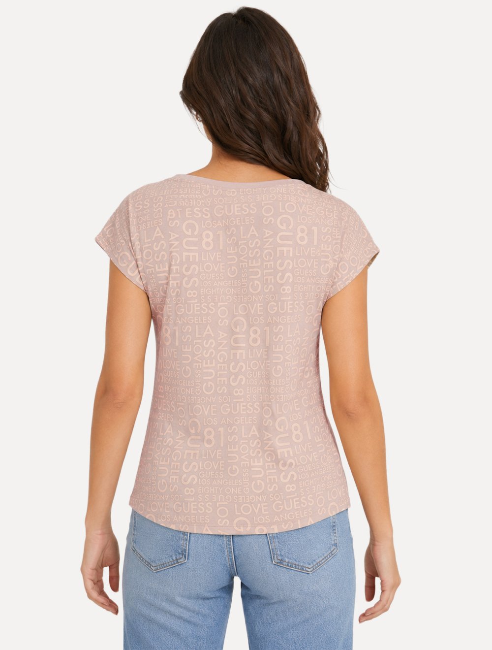 Camiseta Guess Feminina Estampada Gola V Cáqui Claro