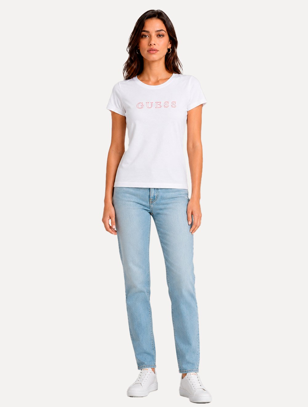 Camiseta Guess Feminina Outline Red Logo Branco