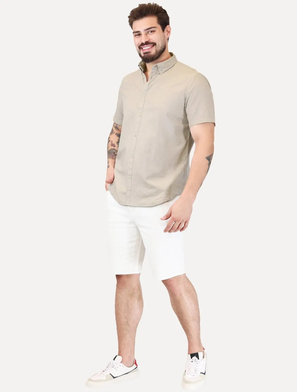 Camisa Aramis Masculina Slim Manga Curta Oxford Button Down Cáqui Claro