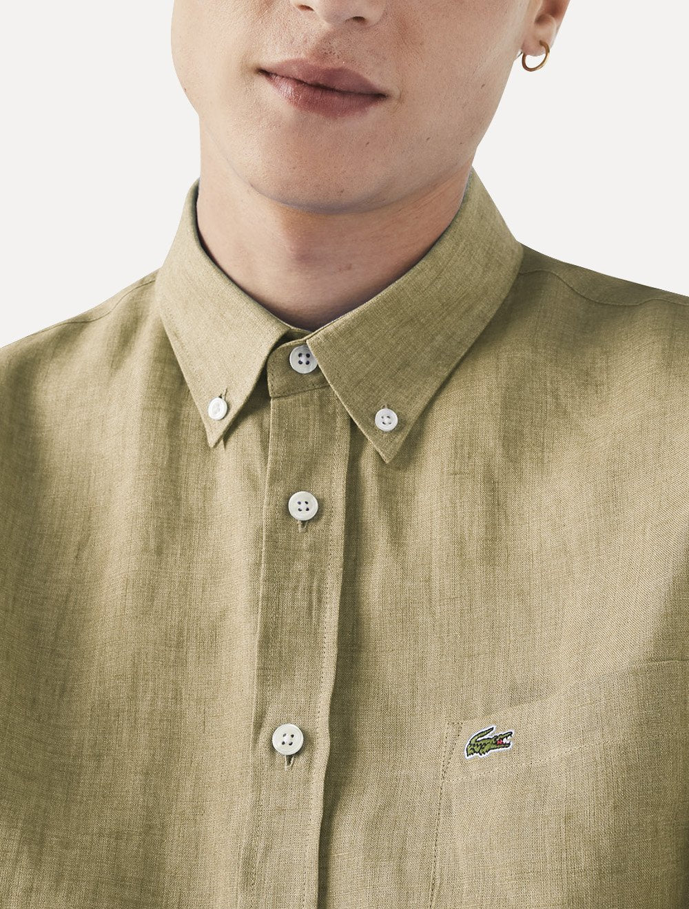 Camisa Lacoste Masculina Regular Classica Pocket Linho Cáqui