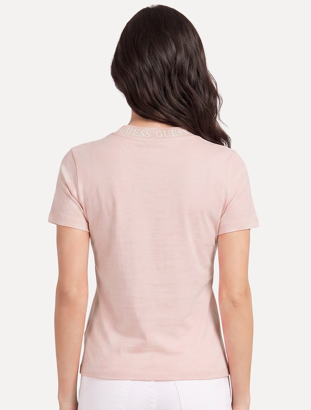 Camiseta Guess Feminina Textured Collar Logo Rosa Claro