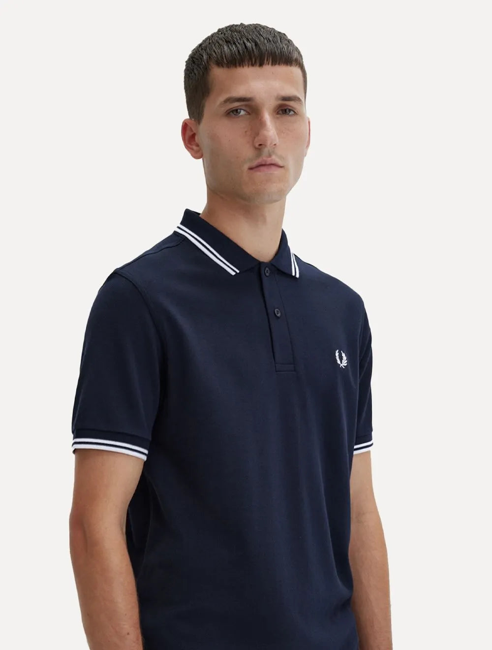 Polo Fred Perry Masculina Piquet Regular White Twin Tipped Azul Marinho