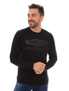 Camiseta Replay Masculina Manga Longa Trade Mark Silk Preta