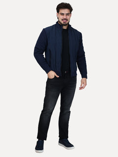 Jaqueta Masculina Nylon Manga Ribana Pocket Zip Azul Marinho