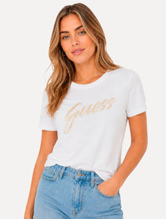 Camiseta Guess Feminina Signature Bright Logo Branca