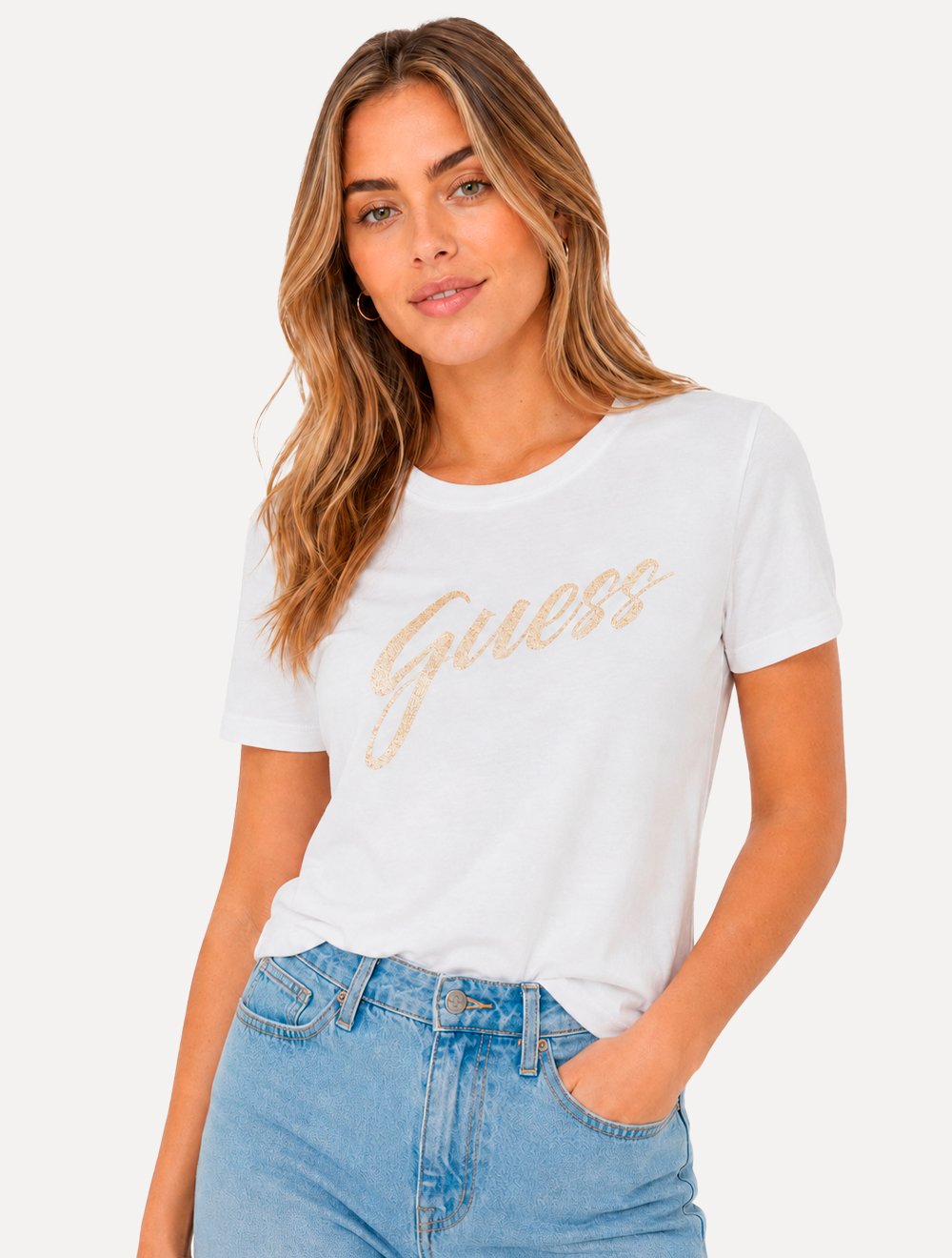 Camiseta Guess Feminina Signature Bright Logo Branca
