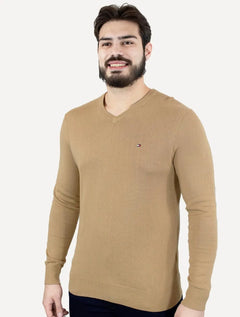 Suéter Tommy Hilfiger Masculino Crewneck Essential Cotton Cáqui
