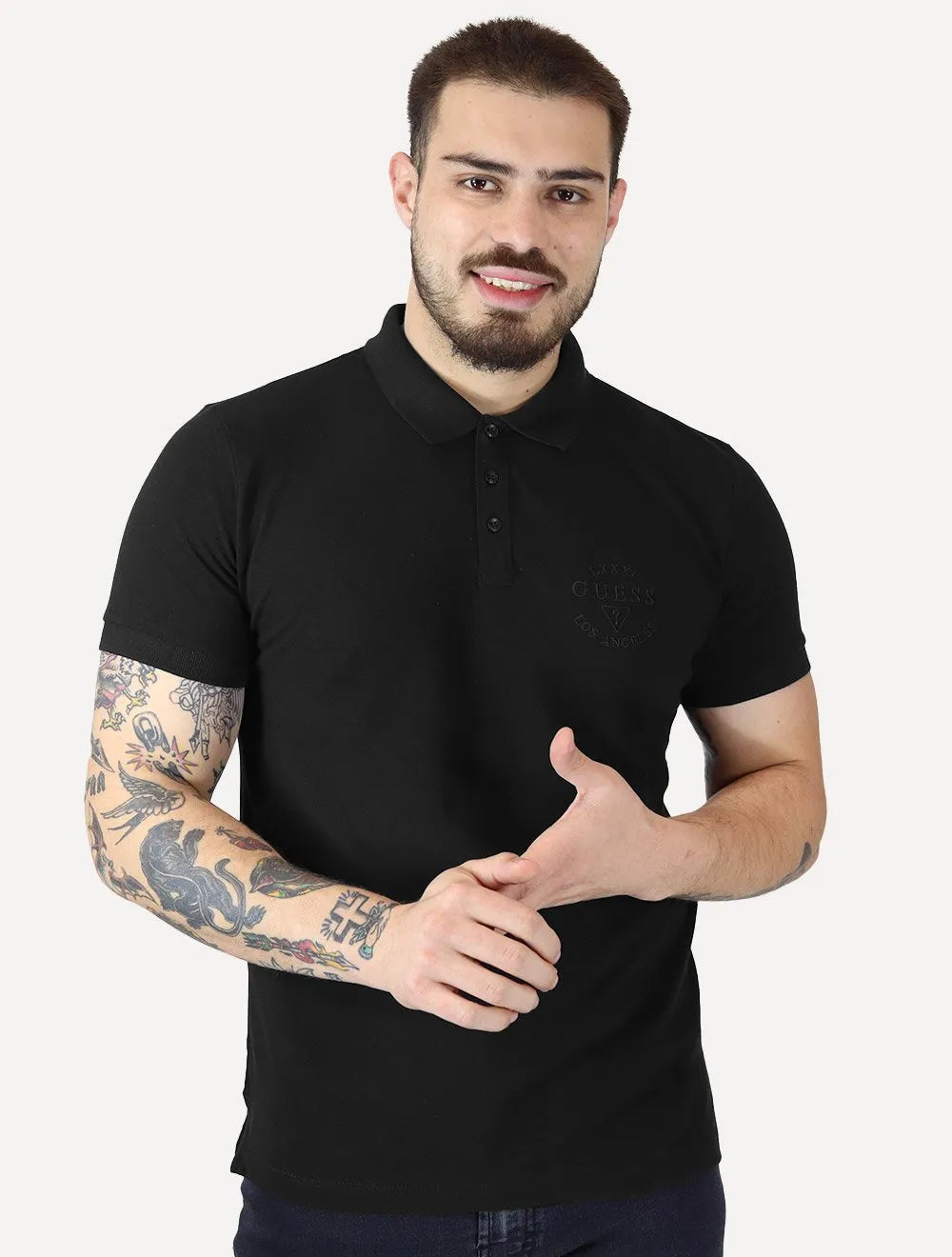 Polo Guess Masculina Piquet 1981 Bordado Preta