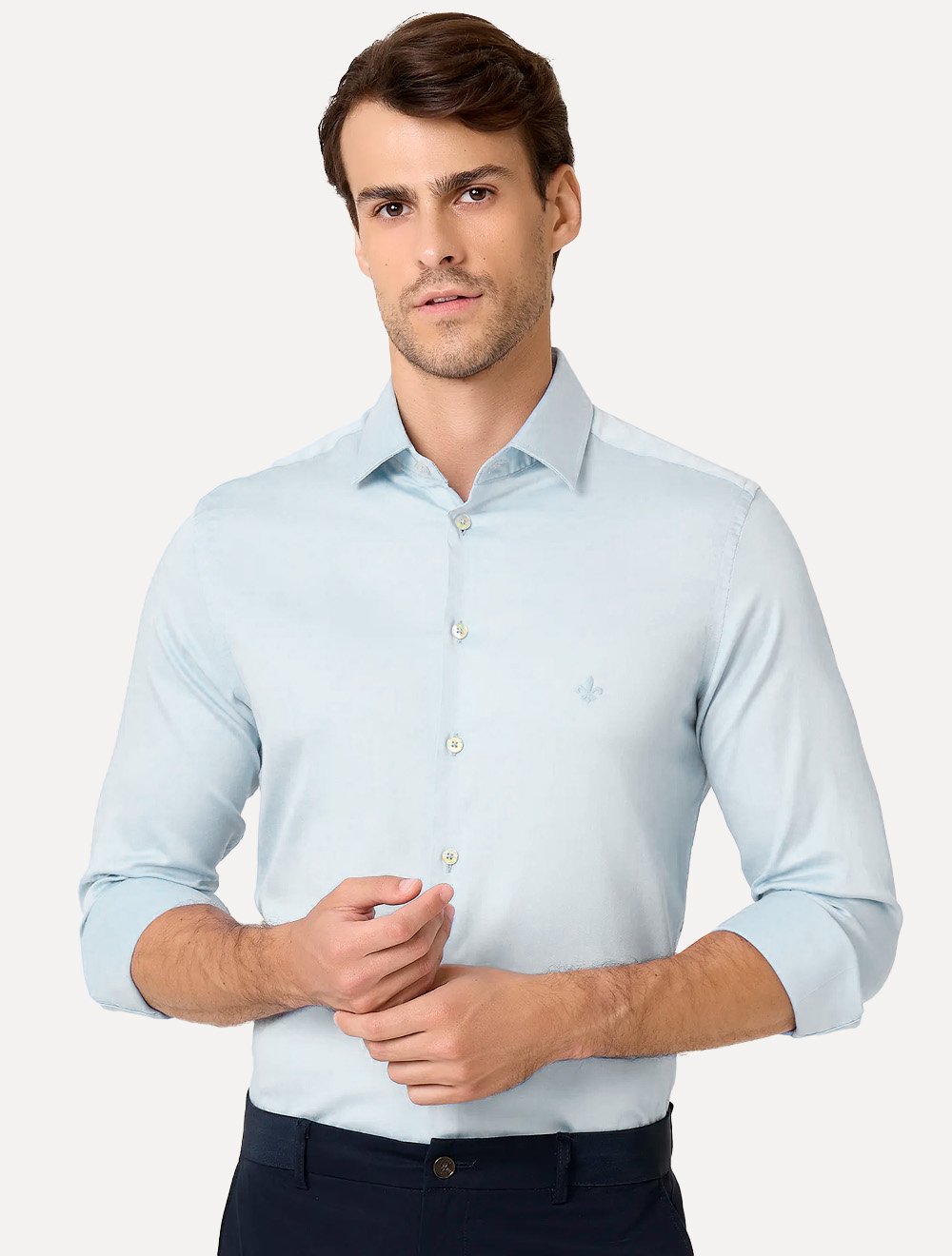 Camisa Dudalina Masculina Milano Tricoline Superfine Cotton Lisa Azul Claro