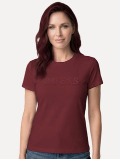 Camiseta Guess Feminina Bold Cursive Embossed Logo Bordô