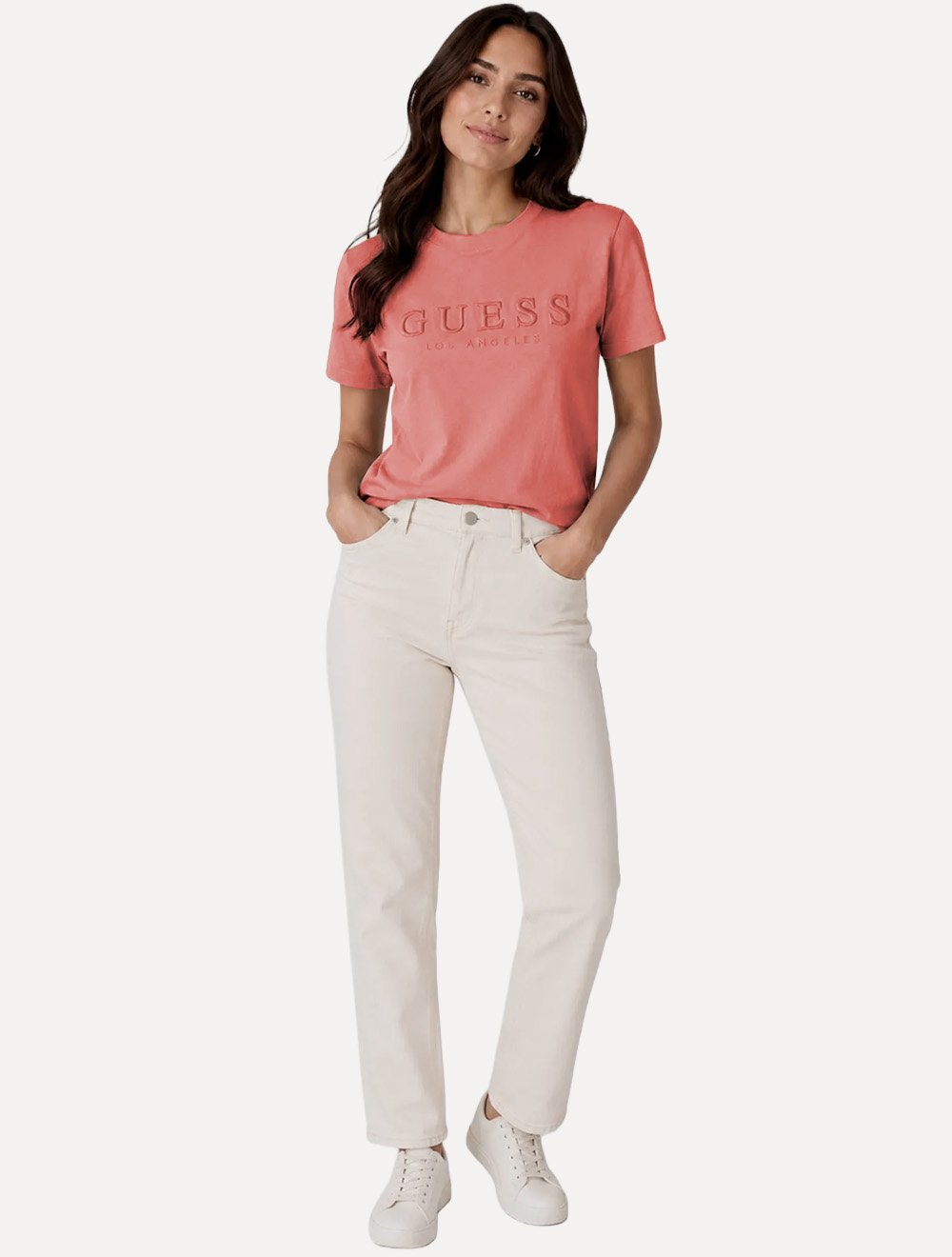 Camiseta Guess Feminina Los Angeles Embroidery Logo Rosa
