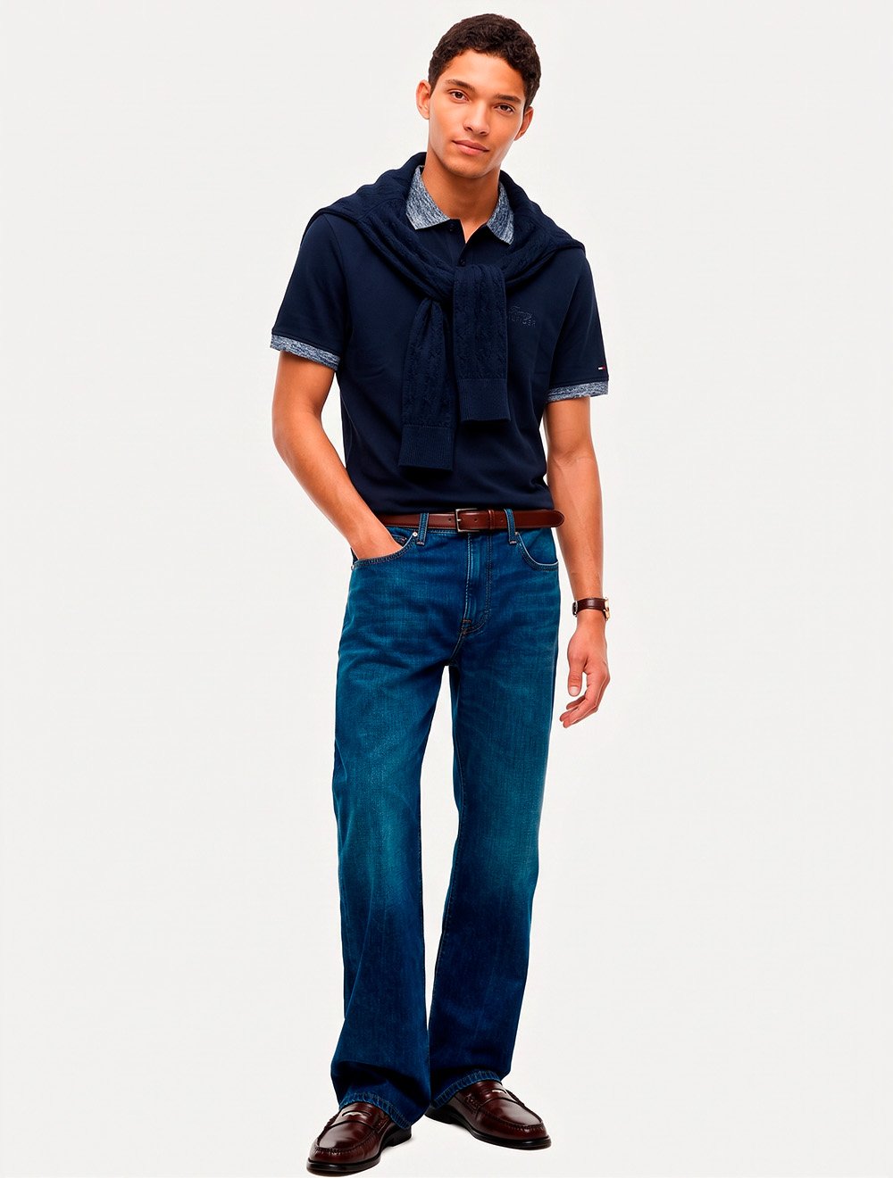 Polo Tommy Hilfiger Masculina Piquet Regular Melange Collar Azul Marinho