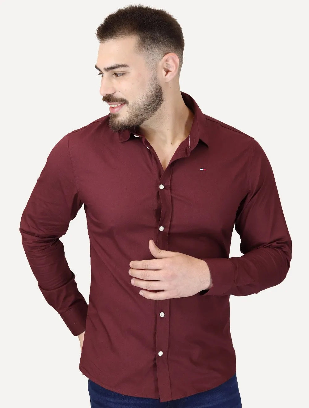 Camisa Tommy Jeans Masculina Slim Original Stretch Bordô
