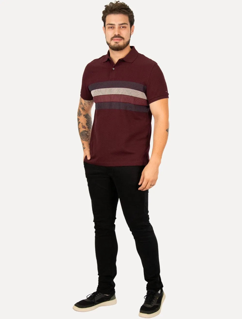 Polo Tommy Hilfiger Masculina Regular Shadow Global Stripe Bordô