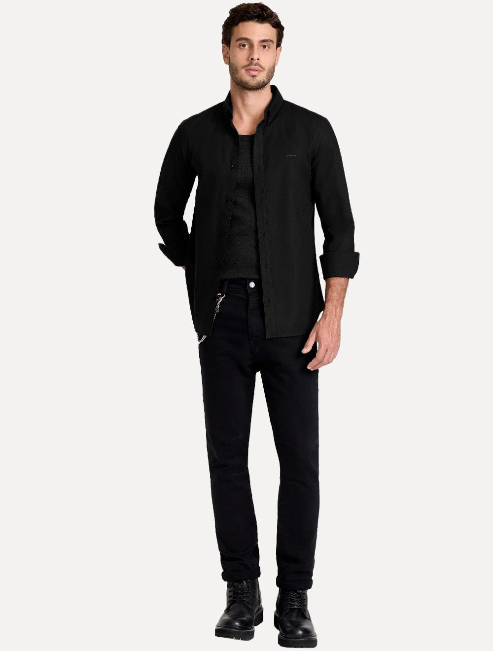 Camisa John John Masculina Slim Oxford Dark Logo Preta