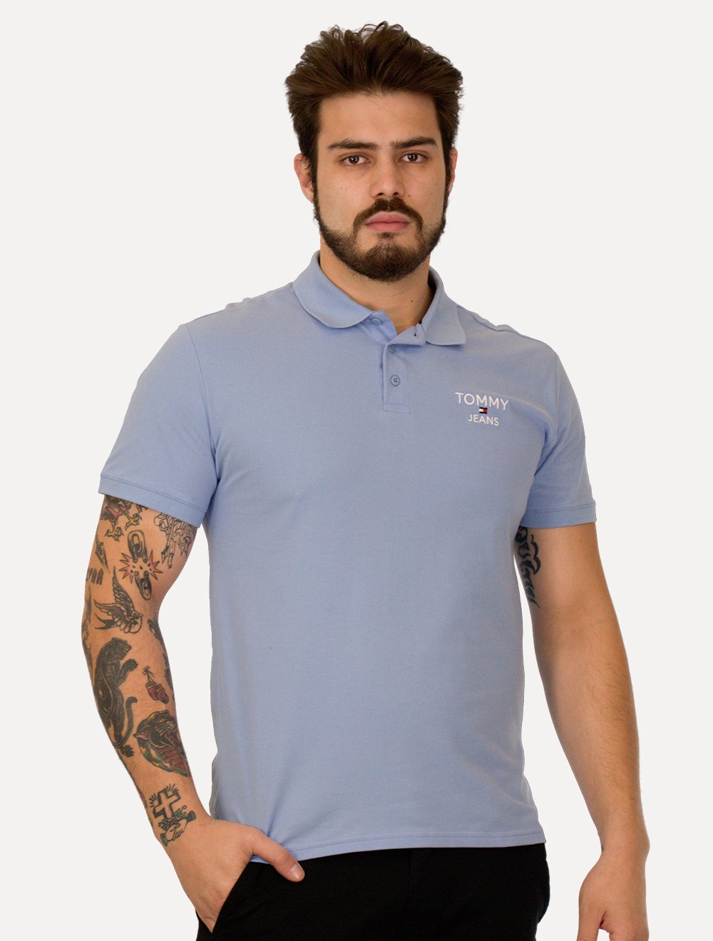 Polo Tommy Jeans Masculina Regular Corp Chest Azul Claro