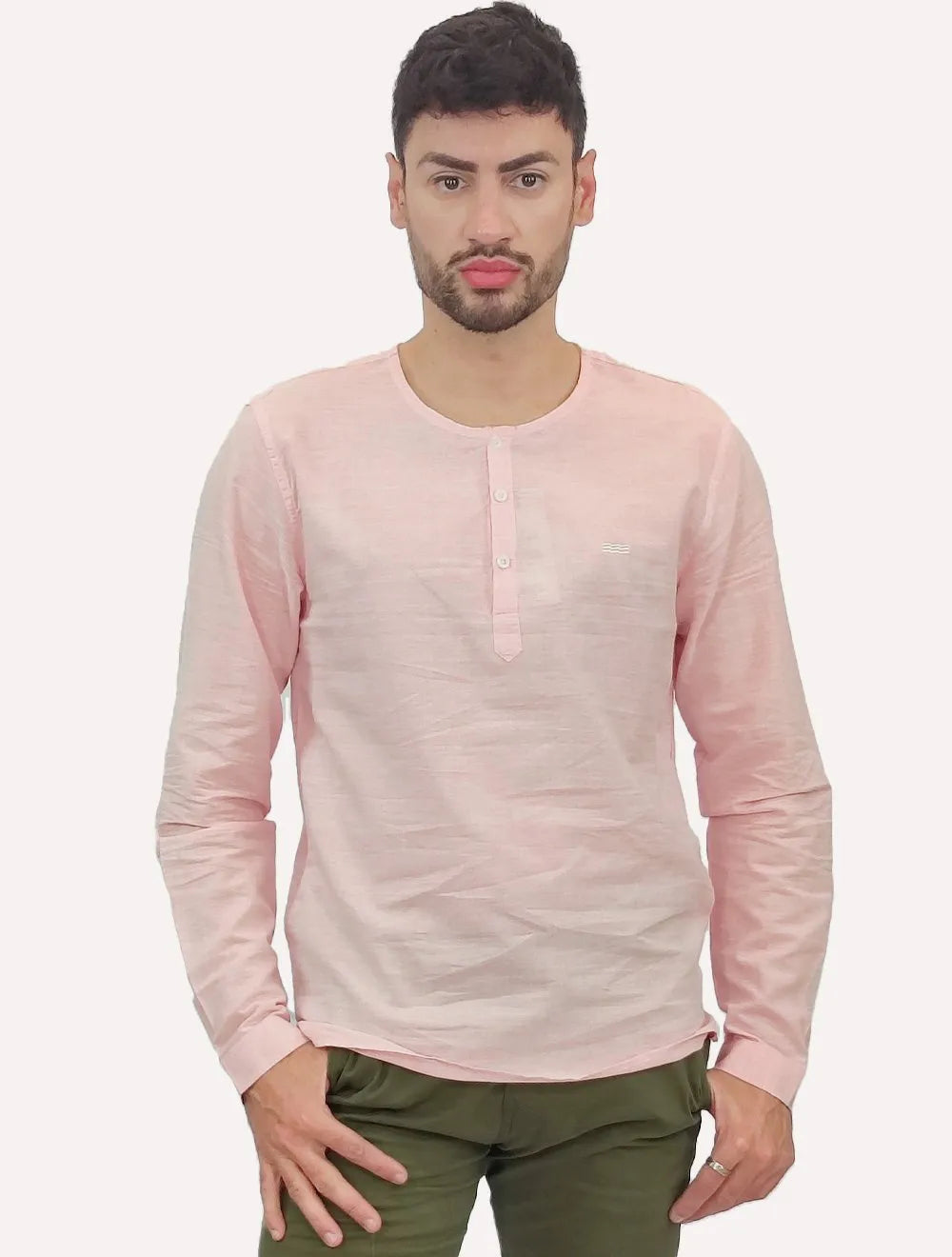 Camiseta King & Joe Bata Masculina Manga Longa Henley Rosa Claro Mescla