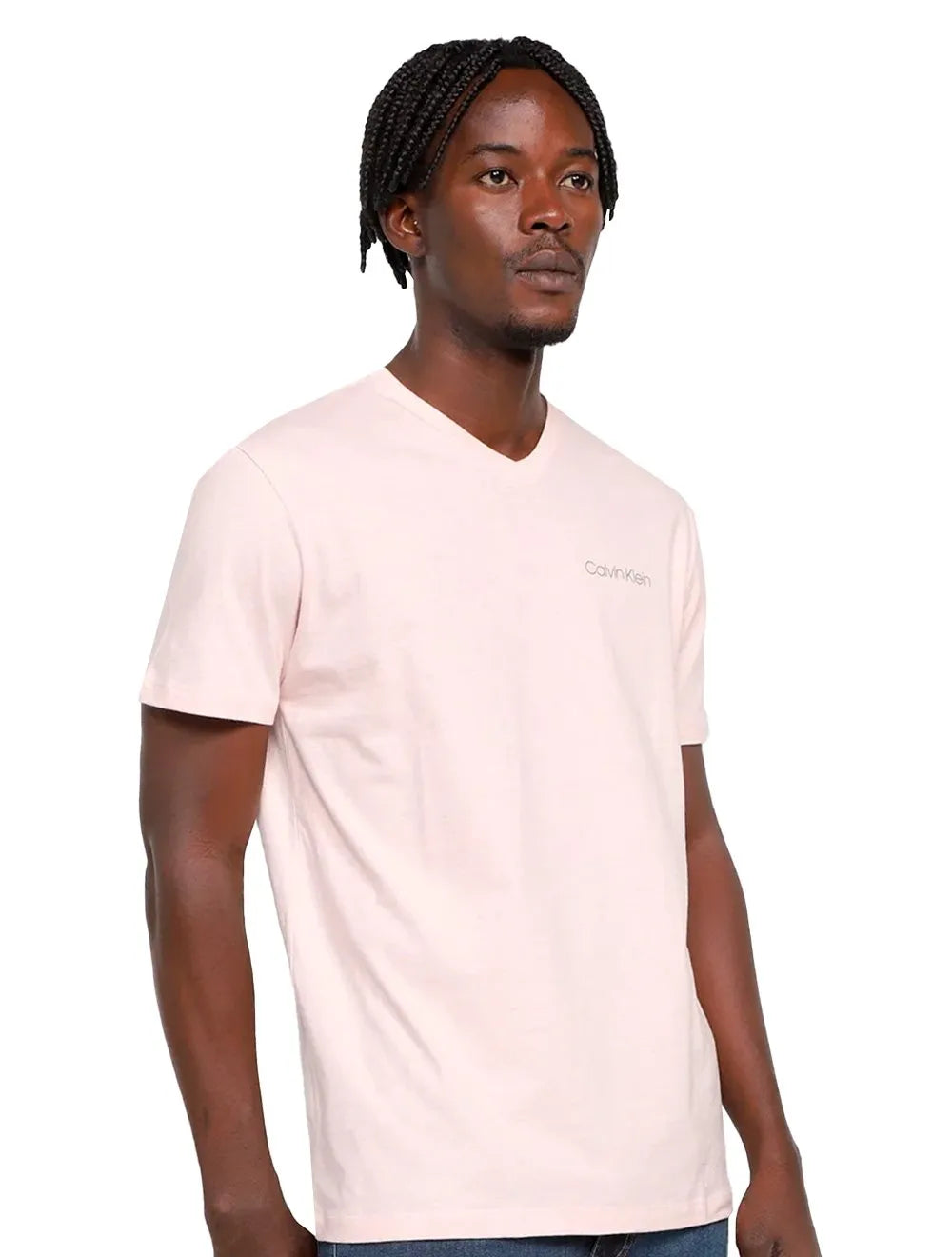 Camiseta Calvin Klein Swimwear Masculina V-Neck Slim Fit Logo Rosa Claro