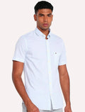 Camisa Tommy Hilfiger Masculina Manga Curta Regular Listrada Oxford Azul Claro
