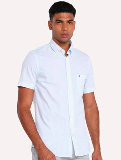 Camisa Tommy Hilfiger Masculina Manga Curta Regular Listrada Oxford Azul Claro