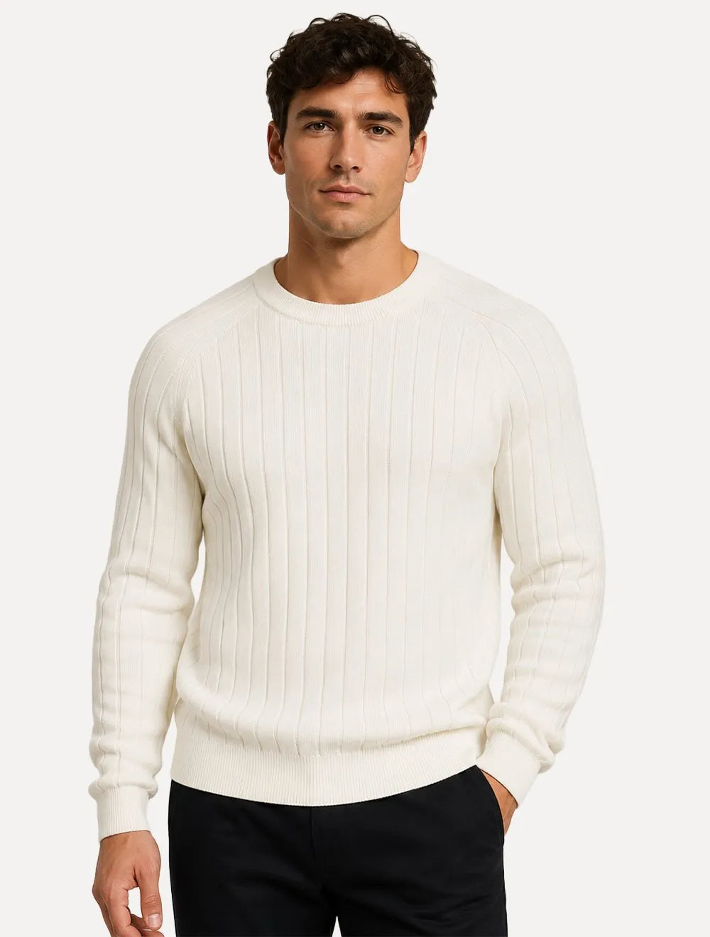 Suéter Dixen Masculino Tricot Manga Longa Texturizada Vertical Off White