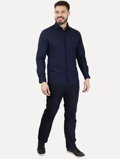 Camisa Tommy Hilfiger Masculina Slim THFlex Poplin Azul Marinho