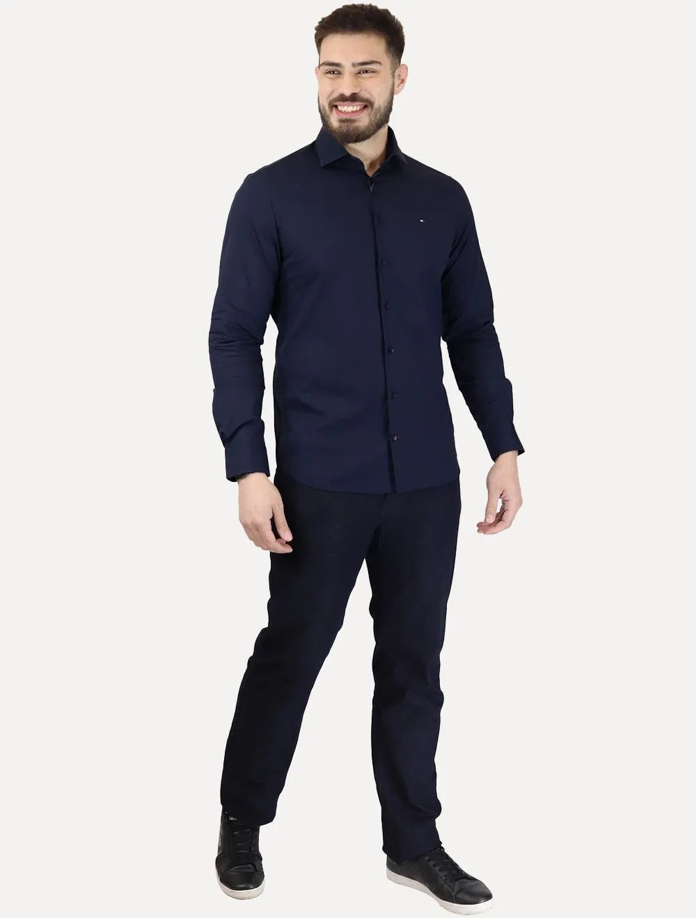 Camisa Tommy Hilfiger Masculina Slim THFlex Poplin Azul Marinho