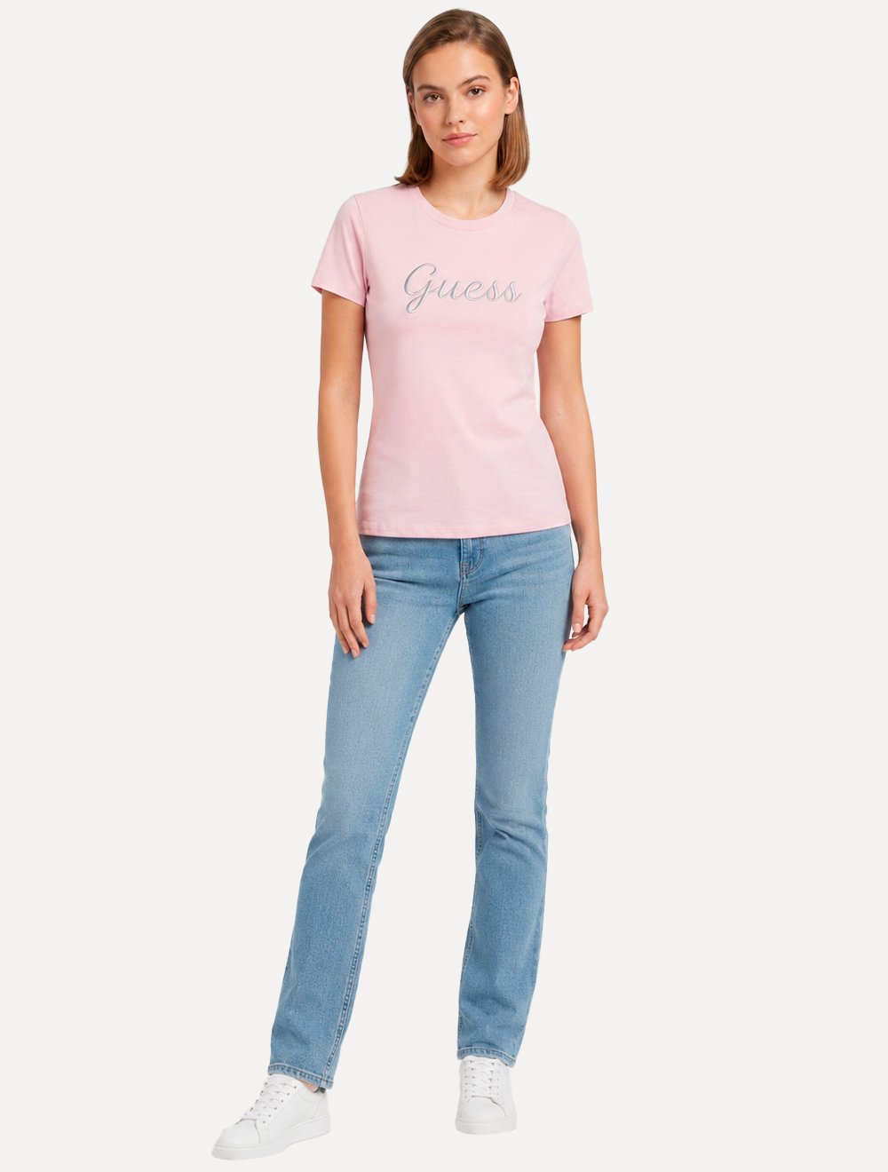 Camiseta Guess Feminina Signature Embroidery Logo Rosa Claro