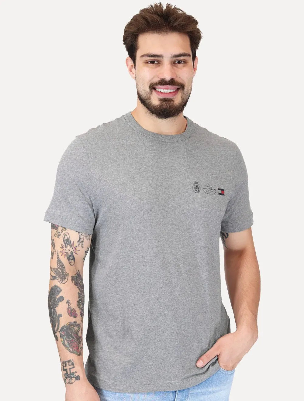 Camiseta Tommy Hilfiger Masculina Regular Small Crest Outline Cinza Mescla