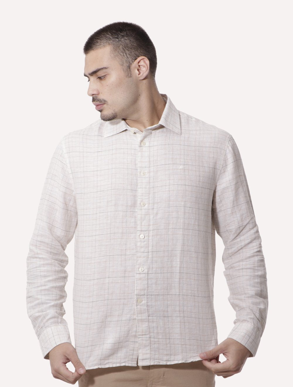 Camisa Ellus Masculina Regular Linen Blend Breeze Italian Xadrez Off-White