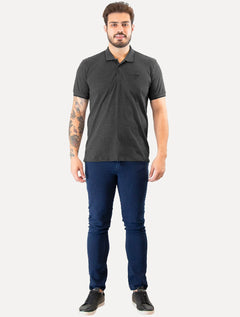 Polo Guess Masculina Piquet Frisos Triangulo Bordado Cinza Escuro Mescla