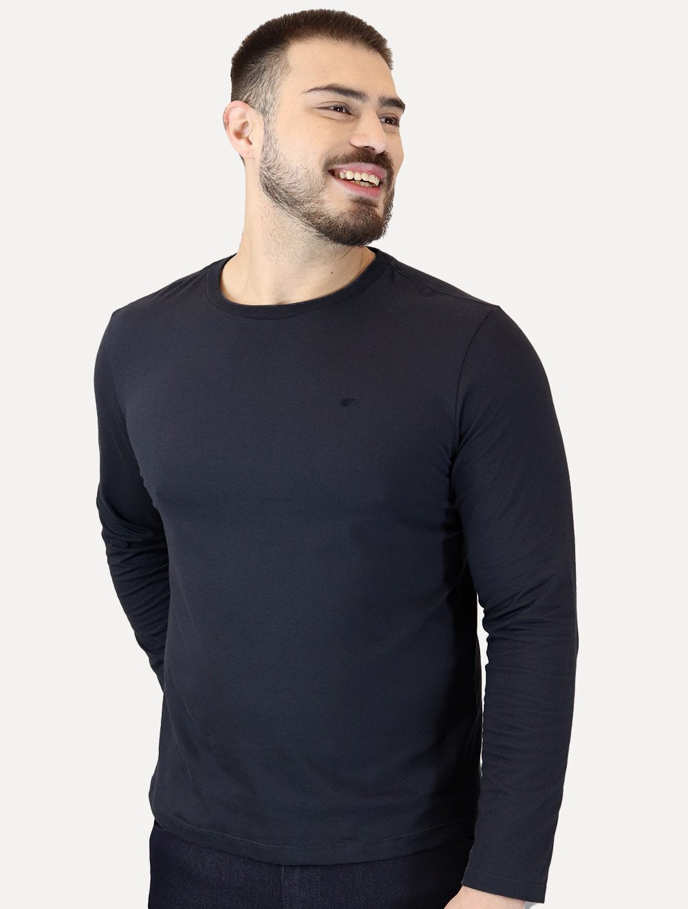 Camiseta Ellus Masculina Manga Longa Cotton Fine Classic Logo Azul Marinho