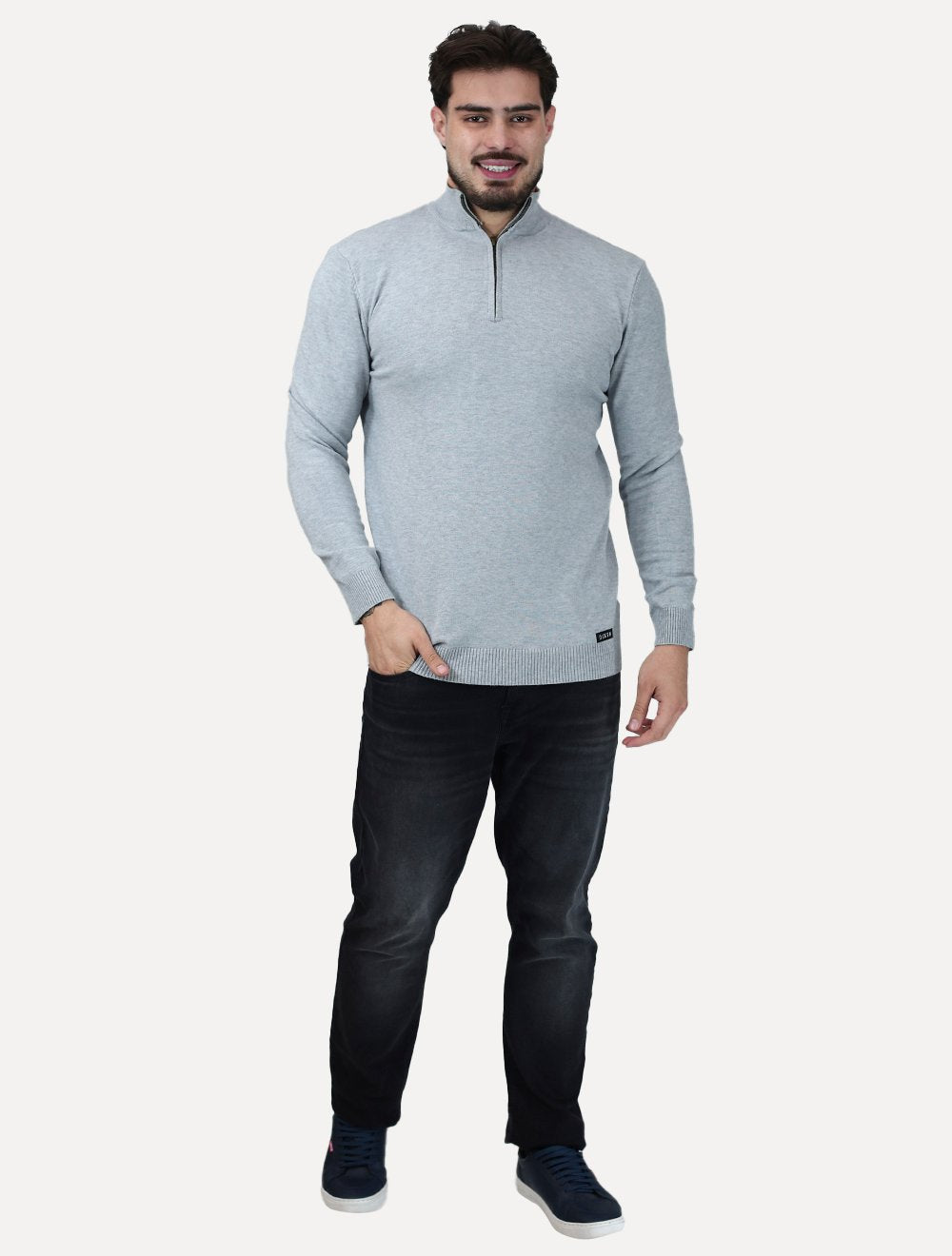 Suéter Dixen Masculina Tricot Manga Longa com Ziper Frontal Cinza