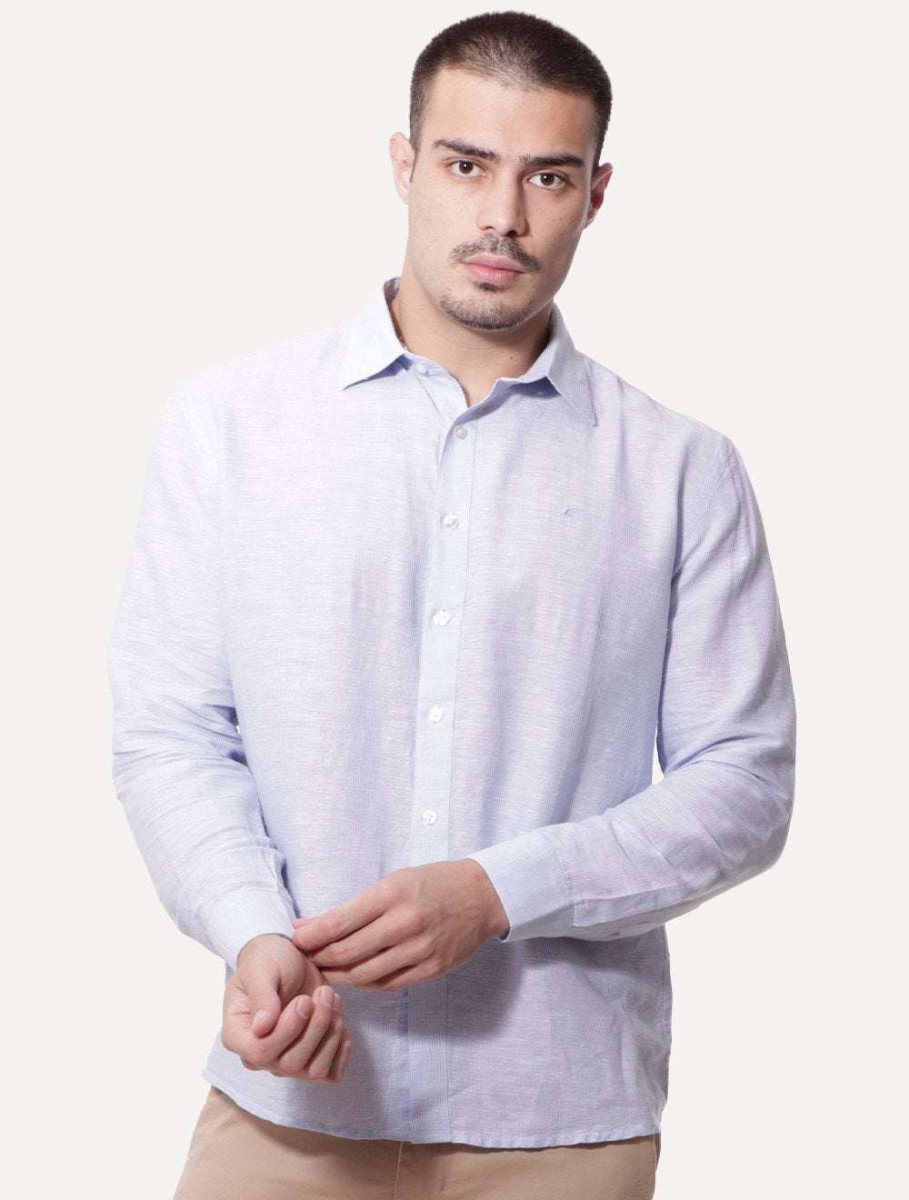 Camisa Ellus Masculina Linen Lighthouse Stripe Italian Classic Azul Claro