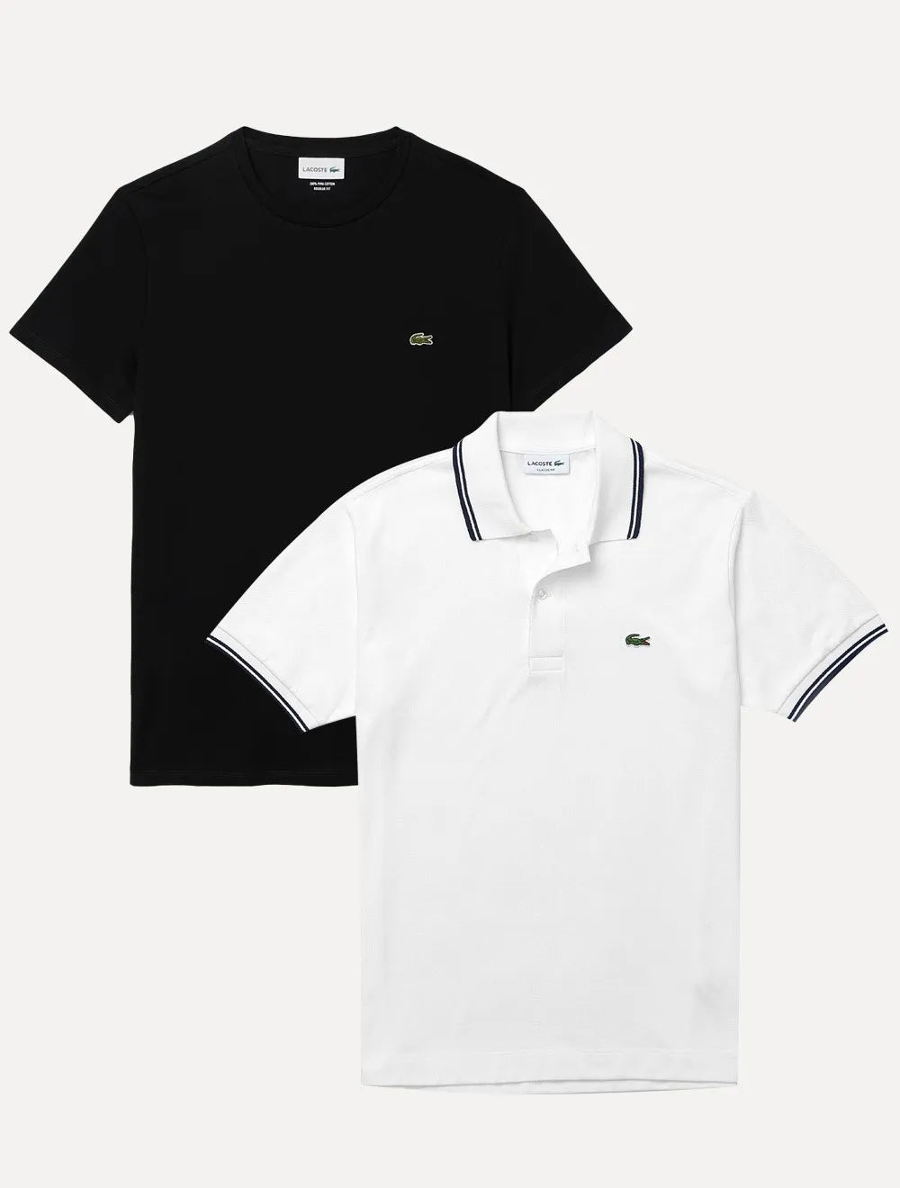 Kit Camiseta e Polo Lacoste | Jersey Cotton e Classic Piquet Navy Stripes Preta/Branca