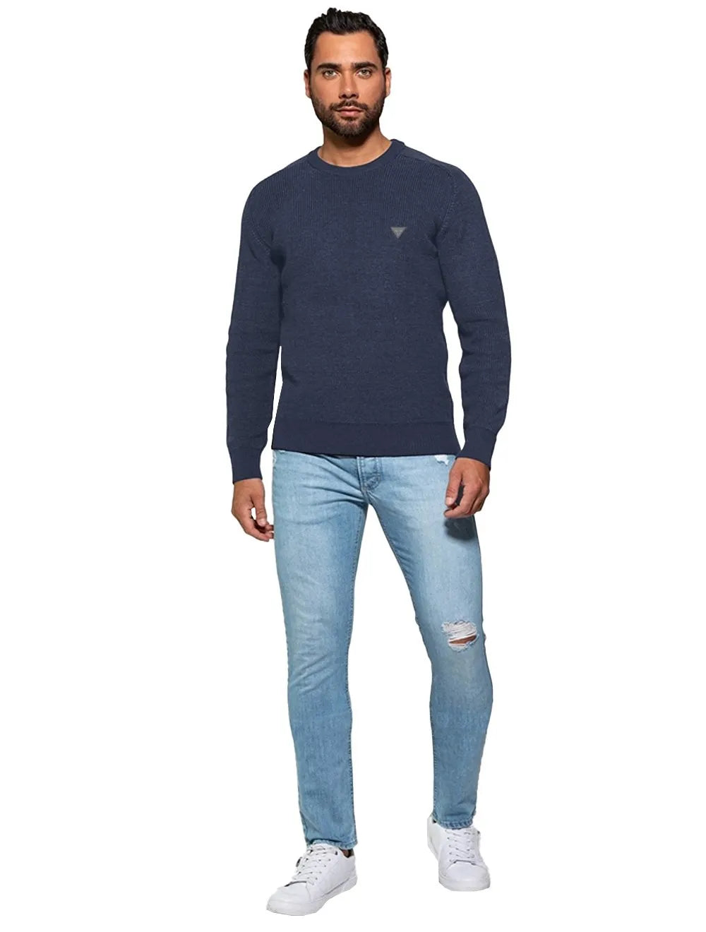 Blusa Guess Tricot Pullover Estonado Logo Azul Marinho