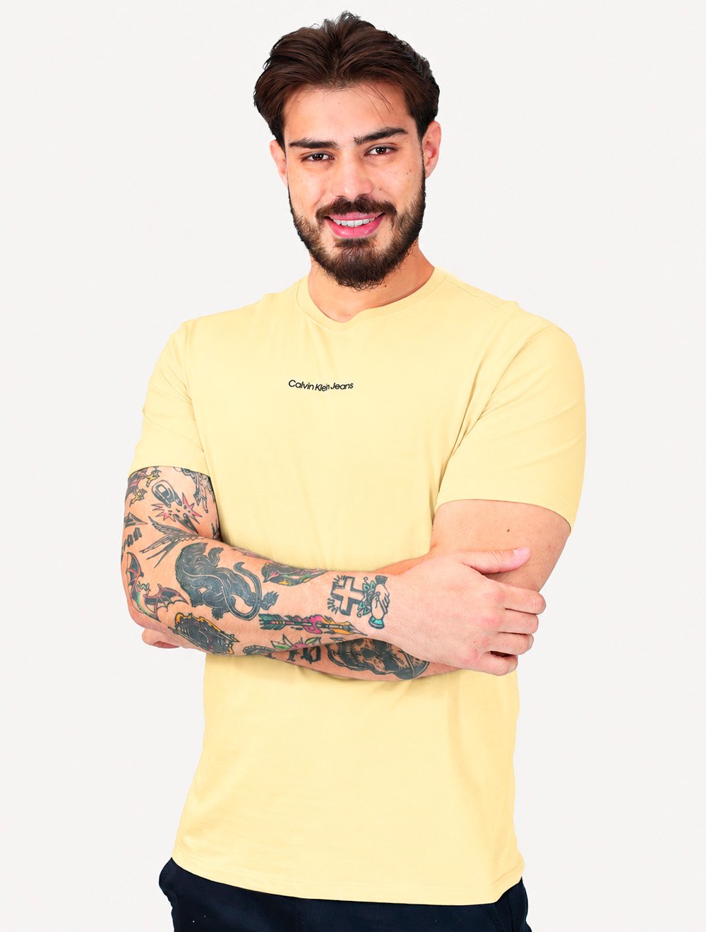 Camiseta Calvin Klein Jeans Masculina Institutional New Logo Amarelo Claro