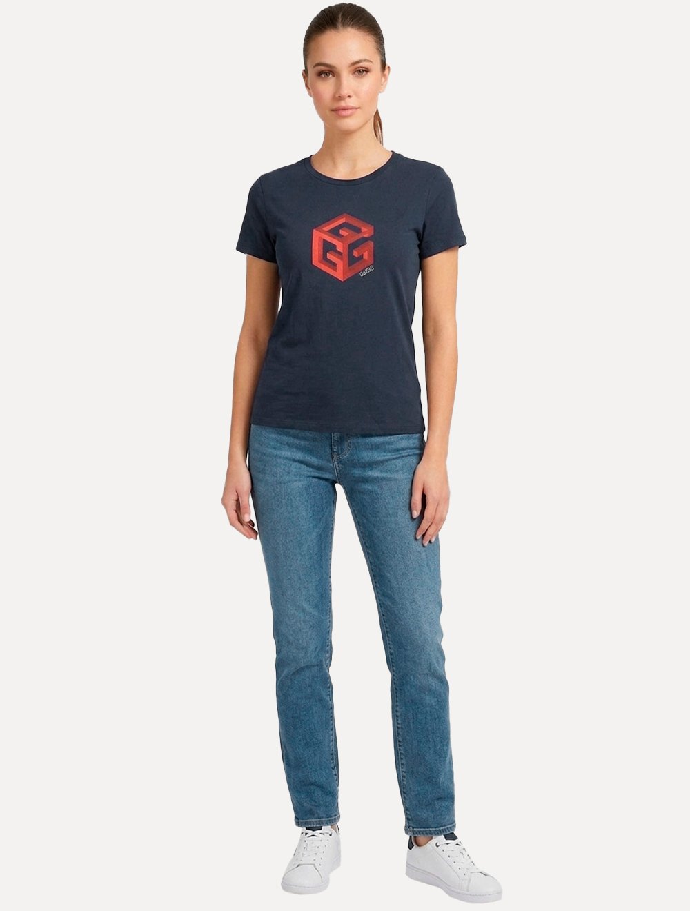 Camiseta Guess Feminina Cube 3D Logo Azul Marinho