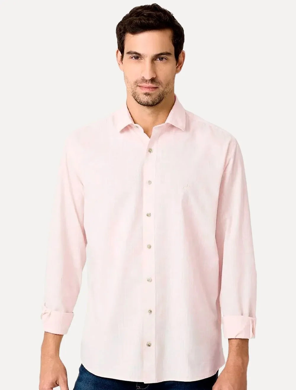 Camisa Dudalina Masculina Manga Longa Slim Fit Slub Cotton Flame Rosa Claro