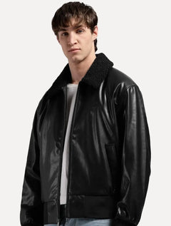 Jaqueta Calvin Klein Jeans Masculina Faux Leather Gola Preta