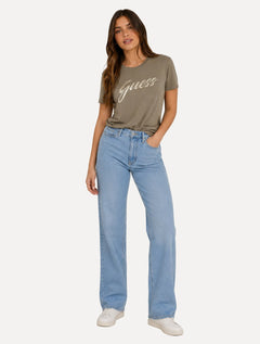 Camiseta Guess Feminina Signature Bright Logo Marrom Claro