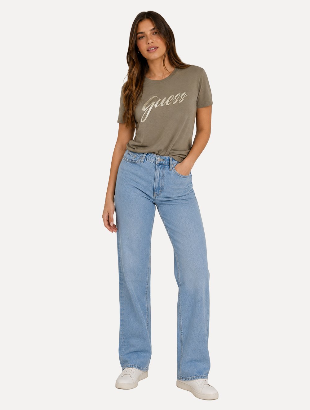 Camiseta Guess Feminina Signature Bright Logo Marrom Claro