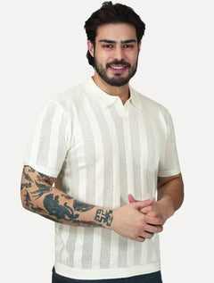 Polo Dixen Masculina Tricot Vertical Manga Curta Off-White