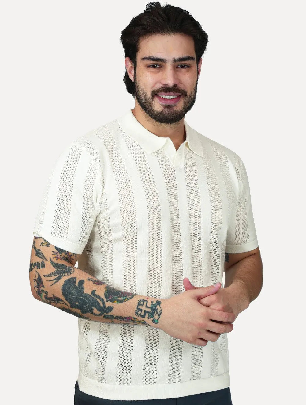 Polo Dixen Masculina Tricot Vertical Manga Curta Off-White
